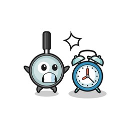 Cartoon Illustration of magnifying glass is surprised with a giant alarm clock