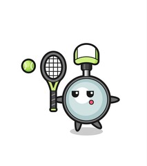 Cartoon character of magnifying glass as a tennis player