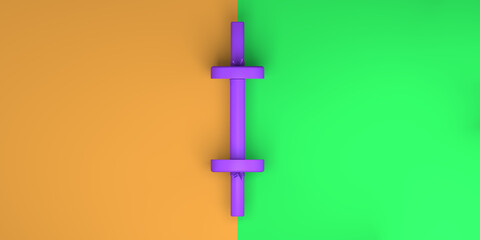 Dumbbells on orange and green background. Top view. Flat lay. 3D illustration. Banner.