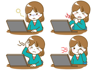 パソコン作業で疲れる若い女性