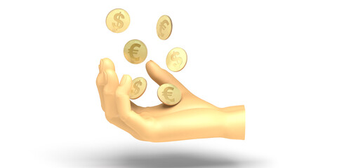 Philanthropy banner. Hand holding coins. Charity. Donation. 3d illustration.