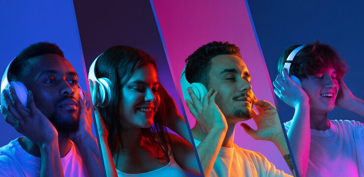 Four young people in headphones isolated on multicolored background in neon light. Collage, composite image