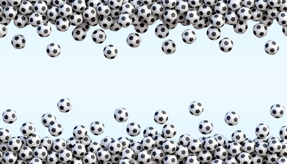 Soccer flying balls arranged in two lines. Many classic black and white football balls flying over blue background with empty space for your content. Realistic vector background