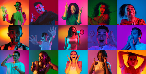 Collage of young happy, joyful people isoalted on multicolored background in neon light. Composite image - obrazy, fototapety, plakaty
