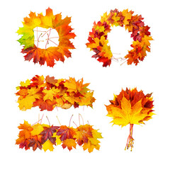 Set of autumn theme compositions - wreaths, bouquet, an abstract pile of maple leaves in yellow, orange, red, burgundy, green isolated on white background.