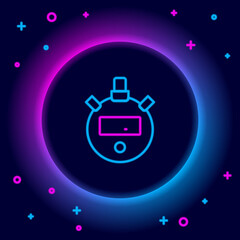 Obraz premium Glowing neon line Stopwatch icon isolated on black background. Time timer sign. Chronometer sign. Colorful outline concept. Vector