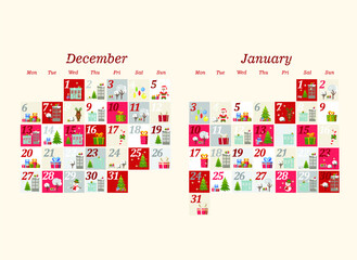 holiday advent calendar for december and january. winter illustration in flat style