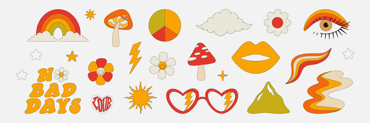 Clipart of the 70s. Hippie style. Vector illustrations in simple linear style. Rainbows, flowers, abstractions, mushrooms, psychedelic style.
