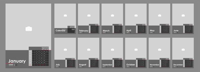 Wall Monthly Photo Calendar 2022. Simple monthly vertical photo calendar Layout for 2022 year in English. Cover Calendar, 12 months templates. Week starts from Monday. Vector illustration