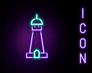 Glowing neon line Mosque tower or minaret icon isolated on black background. Colorful outline concept. Vector
