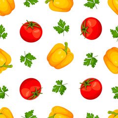 seamless pattern of sweet paprika, peppercorns yellow Bulgarian pepper, red tomato and parsley isolated on white background. Vector illustration of vegetables. cooking patterns with fresh vegetables