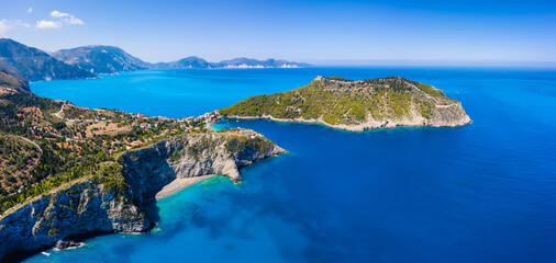 Aerial panoramic view of Assos village coast. Kefalonia island, Greece. Travel summer vocation concept