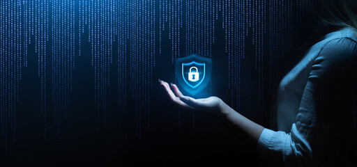 Business woman holding  padlock in hand on binary background. Global networking connection background. Network security and data protection.
