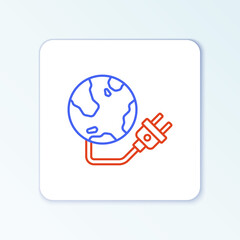 Line Global energy power planet with plug icon isolated on white background. Ecology concept and environmental. Colorful outline concept. Vector