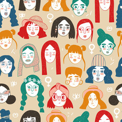 Modern Girls doodle seamless pattern. Different women faces in simple style.