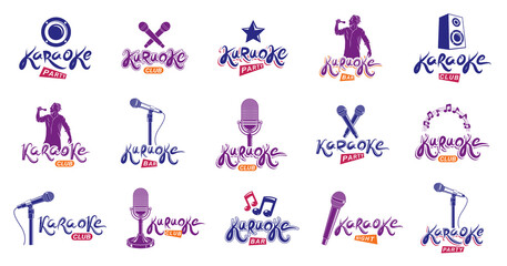 Karaoke logos and emblems vector set, microphones and musical notes singing party or club compositions isolated collection, music entertainment nightlife weekend holidays or birthday theme.