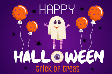 Halloween invitation template on purple background. A banner with a ghost character and balloons for the Halloween holiday. Vector illustration in cartoon style.
