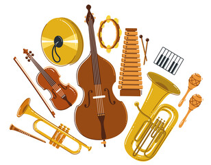 Fototapeta na wymiar Classical music instruments composition vector flat style illustration isolated on white, classic orchestra acoustic sound, concert or festival live sound.