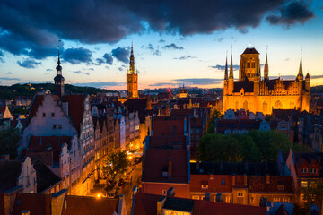 Amazing architecture of the main city in Gdansk at dusk, Poland.
