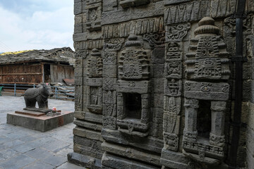 Naggar, India - June 2021: Detail of the Gauri Shankar Temple in Naggar on June 24, 2021 in Himachal Pradesh, India.