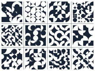 Geometric abstract seamless patterns set with black and white simple elements of geometry, wallpaper backgrounds in retro 70s style, Bauhaus constructive style tiles.