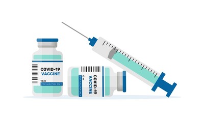 Covid-19 coronavirus vaccine. Syringe and vaccine vial flat icons. Treatment for coronavirus covid-19. Vector illustration - obrazy, fototapety, plakaty