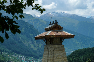Manali, India - June 2021: Views of Manu Temple in the Old Manali neighborhood on June 25, 2021 in...