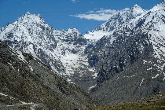 View of the Himalayan mountains in the Spiti Valley in Himachal Pradesh, India.