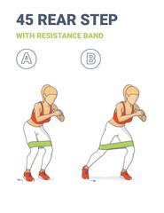 Woman Doing 45 Rear Step with Resistance Band Home Workout Exercise Guidance Illustration.
