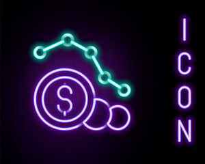 Glowing neon line Dollar rate decrease icon isolated on black background. Cost reduction. Money symbol with down arrow. Business lost crisis decrease. Colorful outline concept. Vector