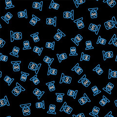 Line Hacker or coder icon isolated seamless pattern on black background. Programmer developer working on code, coding, testing, debugging, analysing. Vector