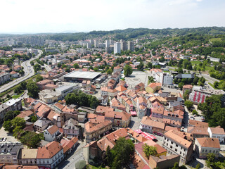 Fototapeta na wymiar Aerial drone view of city of Tuzla, Bosnia and Herzegovina. Buildings, streets and residential houses. Tuzla is a town and municipality in north BiH, Europe.