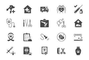 Veterinary flat icons. Vector illustration include icon - stethoscope, grooming, xray, ultrasound, vaccination, sterilization glyph silhouette pictogram for vet clinic. Black color