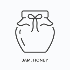 Jam, honey flat line icon. Vector outline illustration of jelly pot. Black thin linear pictogram for preserved food