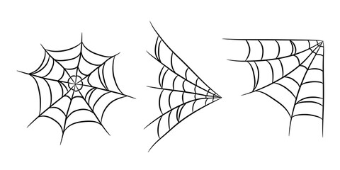 Set of Halloween cobweb on isolated white background. Black Hand drawn spider web icon. Vector illustration.