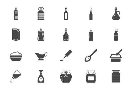 Sauces flat icons. Vector illustration include icon - jug, cup, vinegar, mayonnaise, ketchup, sour cream, cheese sauce, glyph silhouette pictogram for food spice. Black color