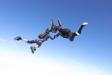 Skydiving. Three skydivers are falling together.