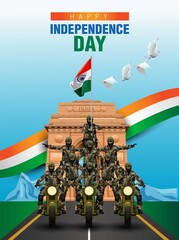 soldiers ride with motorbike . 15 august happy independence day. vector illustration design
