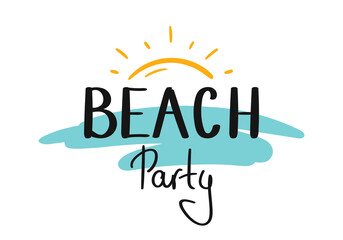 Beach party. Summer lettering with yellow sun and blue water.