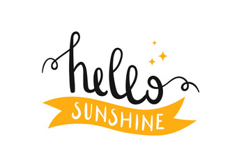 Hello sunshine. Summer lettering with yellow ribbon banner.