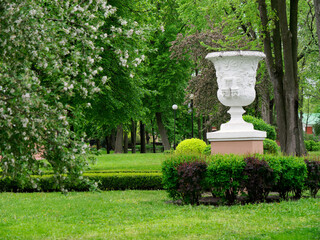 beautiful green spring park with blooming tulips