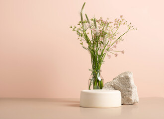 Modern abstract podium wooden geometric shapes stone green fresh field plants grass pastel pink...