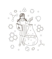 A student in a chemistry lesson with a textbook in her hands conducts an experiment.