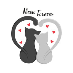 Cute cats together with the inscription meow forever, isolated on a white background. Print for clothes, pillows and mugs. Vector illustration EPS10.