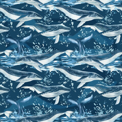 Whales watercolor, nature background, seamless pattern
