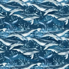 Wall murals Ocean animals Whales watercolor, nature background, seamless pattern