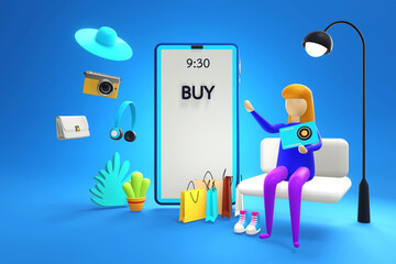 Women shopping online on popular mobile applications around the world with blue phones on gradient blue background.3D rendering