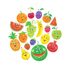Funny colorful fruits in a circle. In cartoon style. Isolated on white background. Vector flat illustration.