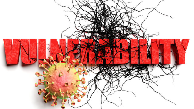 Degradation And Vulnerability During Covid Pandemic, Pictured As Declining Phrase Vulnerability And A Corona Virus To Symbolize Current Problems Caused By Epidemic, 3d Illustration