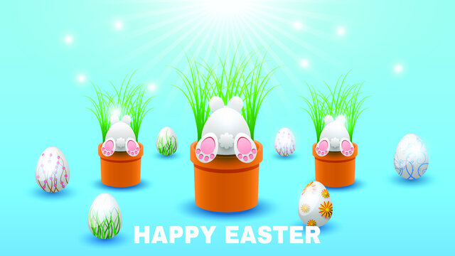 Happy Easter Clouds Rabbits Hares Bannies Pots With Plants Eggs Greeting Background. Vector Design Banner Party Invitation Web Poster Flyer Stylish Brochure, Greeting Card Template